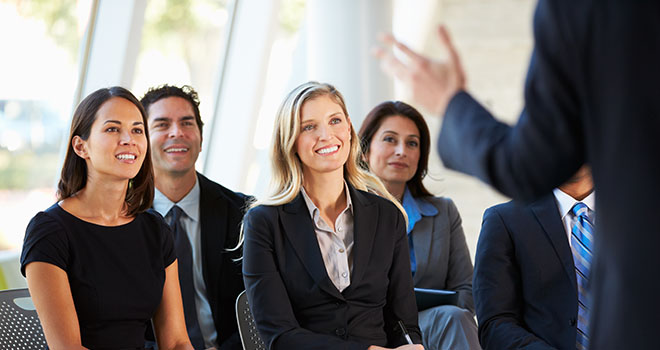 Engaged audience with eye contact during a presentation