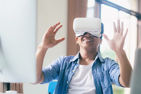 Man using VR in an office and pointing