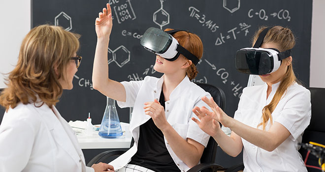 VR classroom with a teacher and students